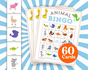 Kids Animal Bingo Game: 60 Printable Zoo Activity Cards (PDF)