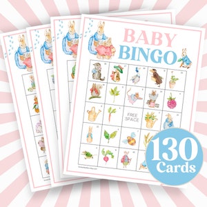 130 carte da bingo Peter Rabbit Bunny, gioco da bingo per baby shower per bambini e bambine, gioco da bingo per addio al nubilato a tema coniglietto, attività stampabile per feste per bambini B66
