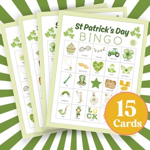 St Patricks Day BINGO CARDS, 15 St Patty Bingo Board Game Activity, Classroom Activity, Home School Printable, Unique Cards for Irish Bingo
