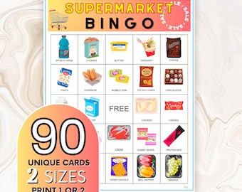 Supermarket Bingo Game: 90 Unique Cards, Kids Activity (Digital Download)