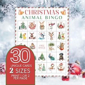 Weihnachtsbingo, 30 Weihnachtstier-Bingokarten, Weihnachtsspiele, Kinderweihnachtsfeier Spiel, Weihnachtsklassenzimmer Aktivität, Süßes Tier B104