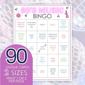 90 1980s Music Bingo, Greatest Hits music bingo Cards, Music Party Activity, Fun Music Hits Game, Disco Music Playlist B39