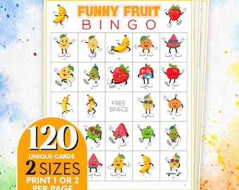 Gra w bingo owocowe: 120 kart, aktywność dla dzieci i rodzin (PDF)