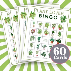 60 tarjetas de bingo de plantas, tableros de bingo de plantas de invernadero, juego de amante de las plantas precargado B67