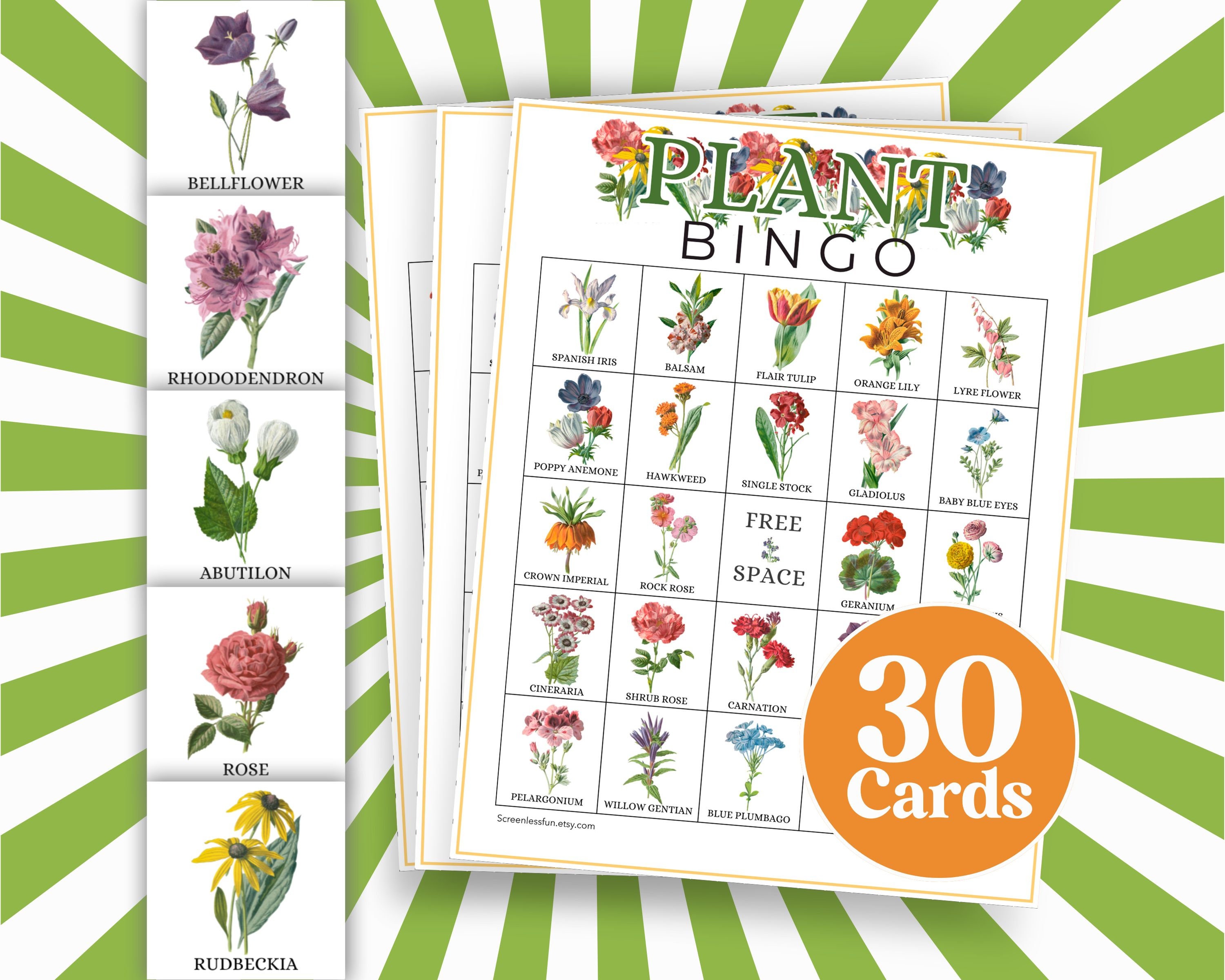 60 Plant Bingo Game Cards, Green House Plant Bingo Boards