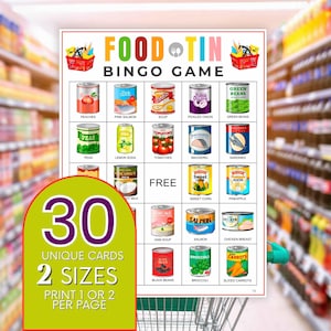 Bingokaarten eten - 30 bingokaarten winkelen, leuk verjaardagsactiviteitsspel voor kinderen, leerspel en leuke winkelthema-activiteit