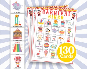 50 Circus Carnival Bingo Game, Family Birthday Party Activity, Road ...