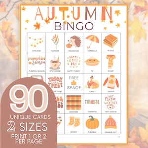 Herfstbingokaarten, 90 klasactiviteiten bingoborden, fotobingo herfstspel Herfstschoolentertainment, herfst afdrukbaar familieplezier B04