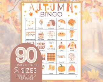 Autumn Bingo Game: 90 Printable Cards, Fall Family Fun (Digital Download)