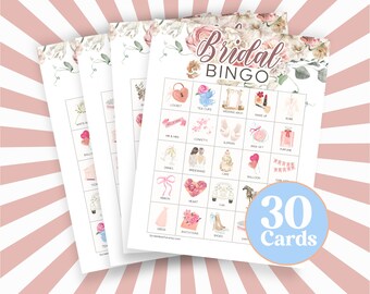 May include: A set of 30 pink and white bridal bingo cards with floral illustrations. The cards feature images of wedding-related items such as a locket, teacups, wedding arch, make-up, a dress, invitations, shoes, and a cake. The cards are printed on white paper and have a pink and white striped background.