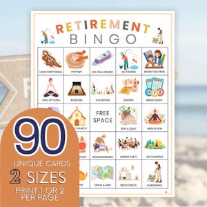 90 cartes de bingo à la retraite, jeu d'activité pour une retraite, thème de cartes de bingo pour retraités, jeu de retraités, jeu de retraite B31