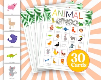 Animal Bingo Game: Safari Zoo Animals, 30 Cards (PDF)