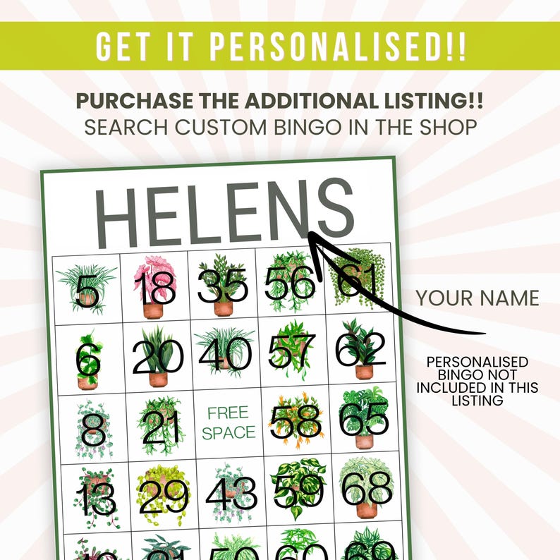 Op de afbeelding: Een groene en witte bingokaart met de naam "Helens" bovenaan. De kaart heeft een vrij vakje in het midden en nummers van 5 tot 68. De kaart is ontworpen om te worden gepersonaliseerd met een naam bovenaan.