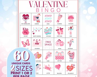 Valentine Bingo Game: 60 Heart-Themed Cards (PDF)