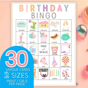 30 carte Bingo per compleanno, gioco per feste con grande folla di bambini, gioco di Bingo celebrativo, download digitale, immagine con testo Impara le tavole del Bingo B11