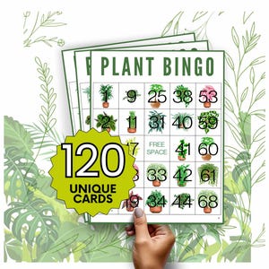 Op de afbeelding: Een set van 120 unieke plantenbingo-kaarten. Elke kaart heeft een 5x5 raster met nummers en afbeeldingen van potplanten. De kaarten zijn gedrukt op wit papier met groene tekst en afbeeldingen.