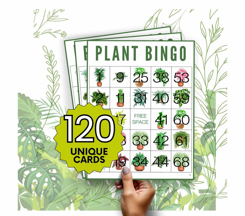 Op de afbeelding: Een set van 120 unieke plantenbingo-kaarten. Elke kaart heeft een 5x5 raster met nummers en afbeeldingen van potplanten. De kaarten zijn gedrukt op wit papier met groene tekst en afbeeldingen.