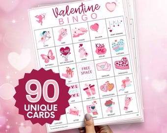 Walentynkowa gra w bingo: 90 kartek do wydrukowania, impreza w klasie dla dzieci (PDF)