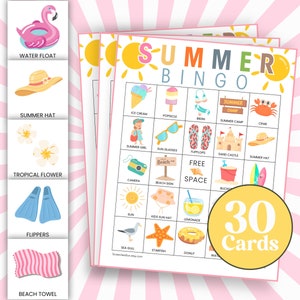 Zomerbingokaarten, uniek afdrukbaar vakantiespel, zomeractiviteit voor kinderfeest, strandvakantie vakantie reisspellen, vakantiebingo B92