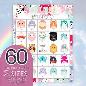 60 Squish Bingo Druckbare Karten, Squishmellow Bingo, Kinder Stofftier Bingo, Party Bingo Aktivität B33