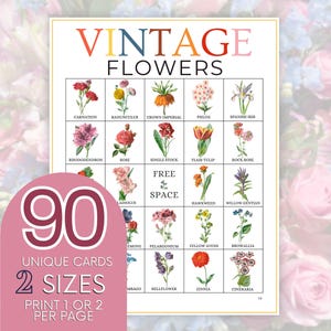 Vintage Blumen druckbares Bingospiel, mit Blumen benannte gefüllte Bingokarten, Gartenthemenaktivität, Gartenvereinspiel, Pflanzennamenspiel B56