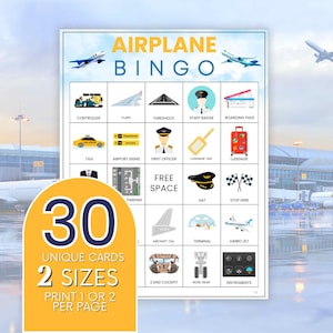 30 cartes de bingo en avion, jeu de bingo à imprimer pour l'aéroport, activité en classe à l'aéroport, jeu de société sur le thème du voyage, jeu sur le thème du pilote de ligne B105