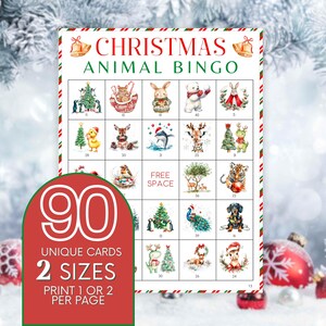 90 tarjetas imprimibles de bingo navideño, bingo de animales navideños, juegos navideños, juego de fiesta navideña para niños, actividad navideña para el aula B104