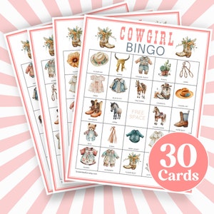 Jeu imprimable de cartes de bingo-go, fête d'anniversaire de cow-girl, jeu d'activités en classe, grande fête d'enfants, jeu du désert rose, Little Western B61