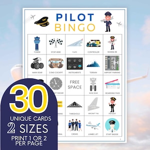 Cartões de Bingo Piloto, Jogo de Festa para Imprimir Piloto, Atividade de Aniversário de Garoto de Carreira, Jogo Divertido Infantil com Tema Piloto, Jogo de Bingo de Férias no Aeroporto B98