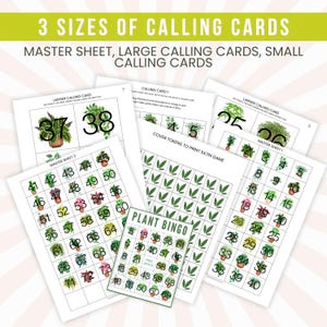 Op de afbeelding: Een set printbare plantenbingo-kaarten met een master sheet, grote oproepkaarten en kleine oproepkaarten. De kaarten bevatten de nummers 1 tot en met 73 en illustraties van verschillende kamerplanten.