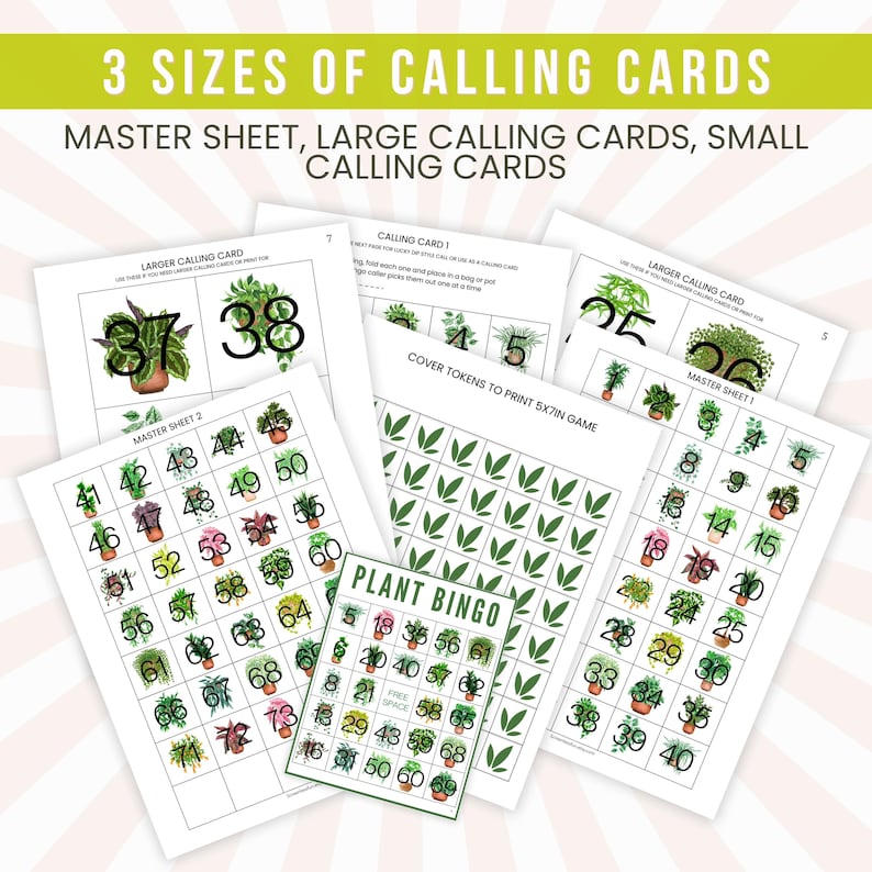 Op de afbeelding: Een set printbare plantenbingo-kaarten met een master sheet, grote oproepkaarten en kleine oproepkaarten. De kaarten bevatten de nummers 1 tot en met 73 en illustraties van verschillende kamerplanten.