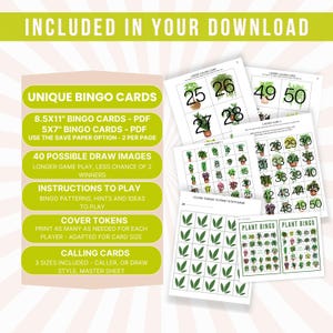 Op de afbeelding: Een printbare set van 40 unieke bingo-kaarten met een plantenmotief. De set bevat kaarten van 21,6 x 27,9 cm en 12,7 x 17,8 cm, dekmarkers en een oproepkaart. De kaarten bevatten illustraties van verschillende kamerplanten.