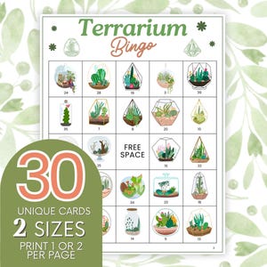Juego de bingo de 30 plantas de terrario para imprimir, actividad de bingo de plantas de interior, bingo con temática de suculentas y plantas de interior, juego de plantas de jardín B103