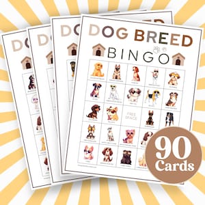 90 Cartões de Bingo de Raças de Cães, Pacote de Bingo para Amantes de Cães - Jogo com Tema de Raça de Cães para Imprimir para Festa de Aniversário de Bingo de Animais de Estimação B23