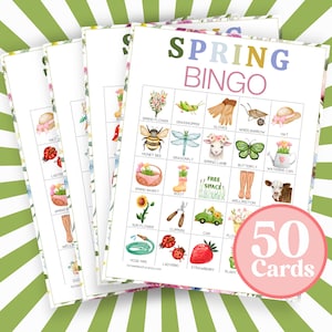 50 druckbare Frühlings-Bingokarten, Kinder-Party-Tätigkeit für Party, Frühlings-Themenende Klassenzimmerspiel B19