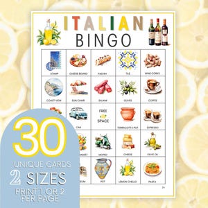 30 cartas de bingo italianas, juego Citrus Bridal Shower, juego de fiesta imprimible de limón, bingo familiar de viajes de Italia, bingo Positano mediterráneo B14
