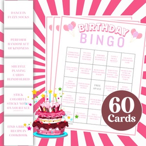 60 Carte Bingo Divertenti per Ragazze Adolescenti, Gioco Stampabile Carte Bingo Compleanno Rompighiaccio, Gioco Festa Compleanno Ragazze Rosa, Attività per Ragazze per Bambini B71