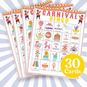 30 cartes imprimables de bingo pour le carnaval, planches de bingo pour fête de cirque, jeu de carnaval d'anniversaire d'été, cartes de jeu d'activités de fête pour enfants en classe B96