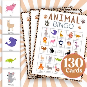 130 schede di bingo per attività ZOO, gioco di società stampabile con animali, attività di bingo con animali, tabelloni di bingo per giochi in classe, bingo precompilato B69