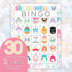 30 Squishmellow druckbare Bingo Karten, Geburtstag Bingo Squish Spielzeug Thema, rosa Mellow Bilder, Stofftier Spiel, Sleepover Party, Tween Spiel B41