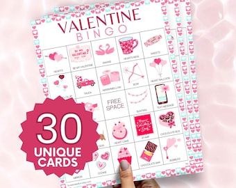 Walentynkowa gra bingo: 30 kart, zabawa na imprezę dla dzieci (PDF)