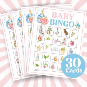 Coniglio Baby Shower Carte Bingo, Tabelloni da gioco Blu Bingo, Attività per bambini Peter Rabbit Garden, Bunny Story Book Acquerello, Gioco di animali carini B66