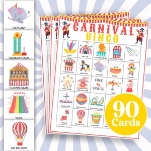 90 tarjetas imprimibles de bingo de carnaval, tableros de bingo de fiesta de circo, juego de carnaval de cumpleaños, tarjetas de juego de actividades de fiesta para niños en el aula B96