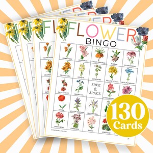 Op de afbeelding: Een set van 130 bloemenbingo-kaarten. Elke kaart heeft een 5x5 raster met bloemennamen en illustraties. De kaarten zijn gedrukt op wit papier met een kleurrijk bloemendesign bovenaan.