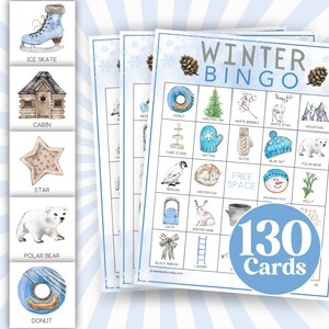 Jogo de bingo de inverno, jogo de natal, jogo de atividades de inverno azul, jogos de banho pré-preenchidos de bingo de férias, bingo temático de urso polar B06