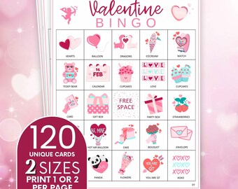 Valentines Bingo Game: 120 Printable Cards, Kids Classroom Party (PDF)