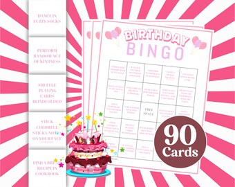 Pink Birthday Bingo Cards: 90 Girl Party Game Boards (Printable)