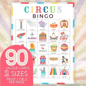 90 Circus Bingo Printable Boards, Circus Themed Party Game, Carnival Birthday Party theme, Carnival themed Kids Classroom Fun b95
