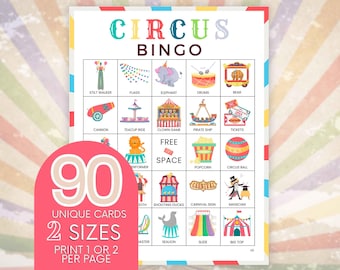 Circus Bingo Game: 90 Printable Boards, Carnival Party (Digital Download)