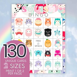 Squish Bingo Druckbare Karten, Squishmellow Bingo, Kinder Stofftier Bingo, Party Bingo Aktivität B33